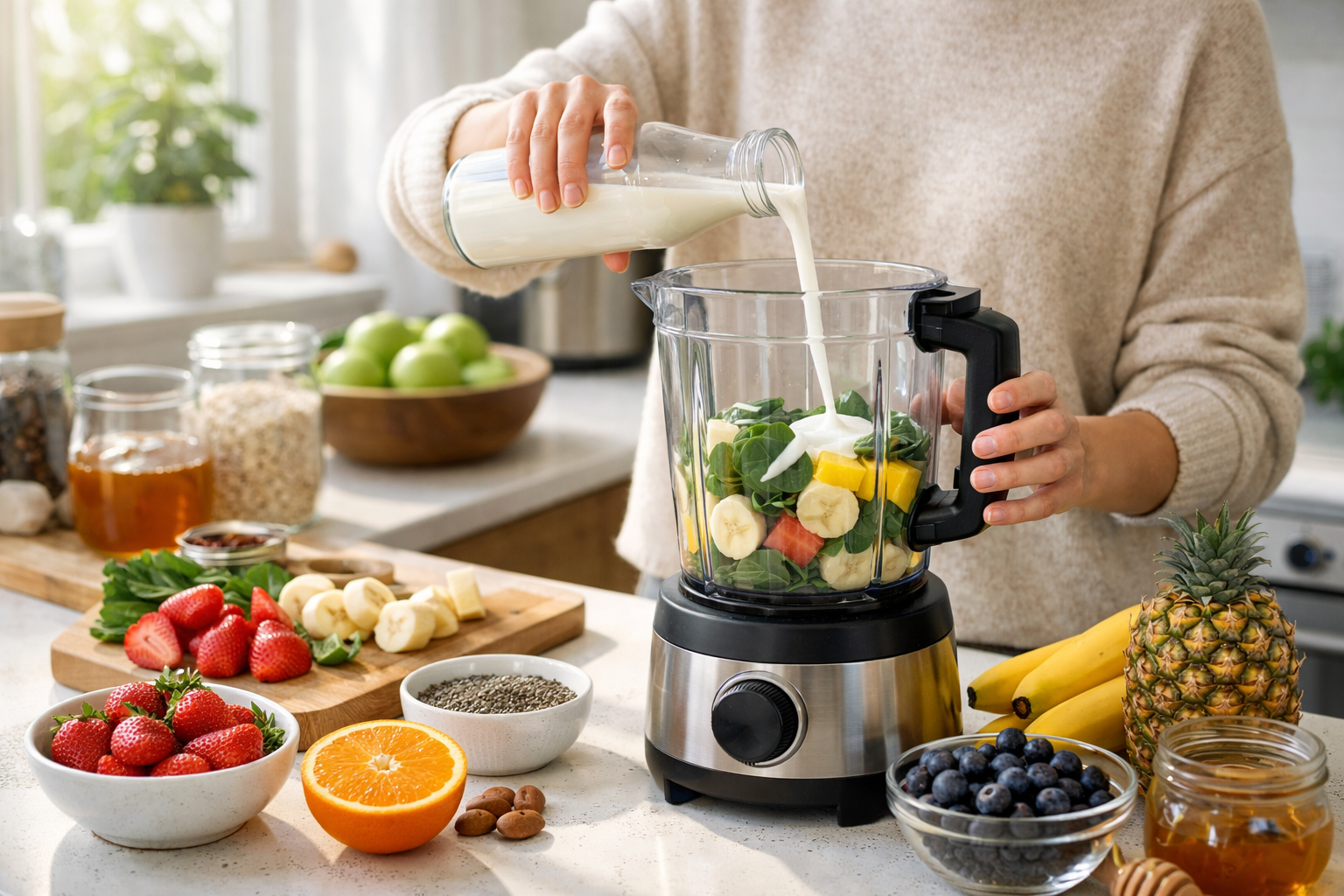 Személy reggeli smoothie-t készít egy fényes konyhában